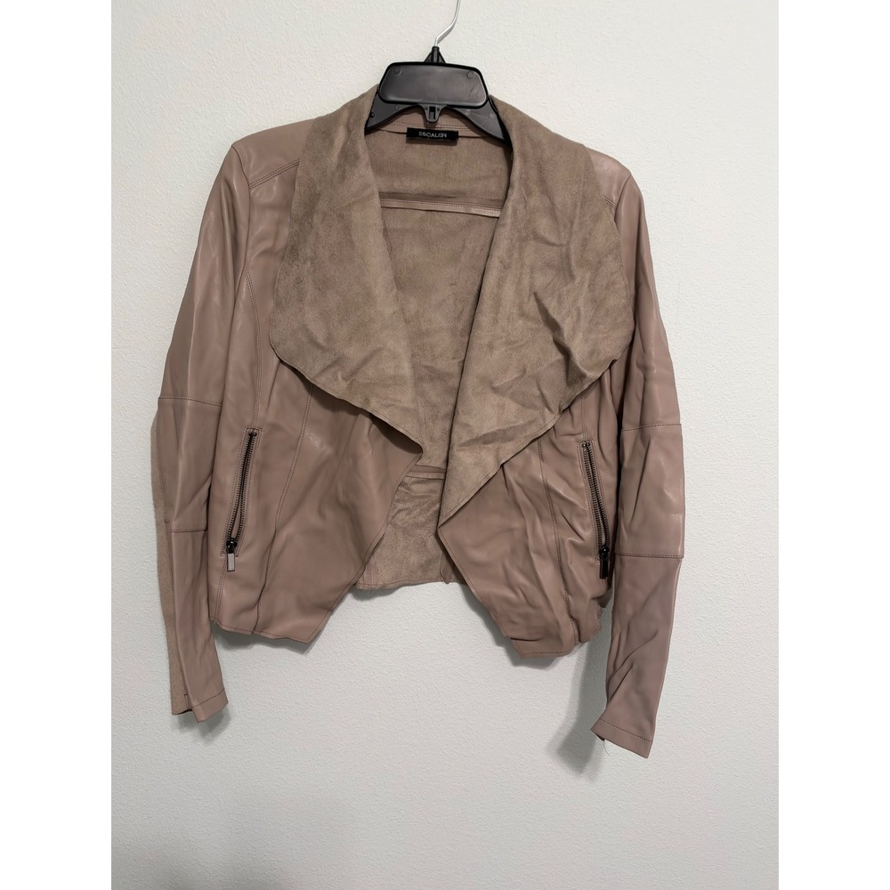 Escalier Womens Faux Leather Drape Front Waterfall Jacket Mauve Tan Size Small
